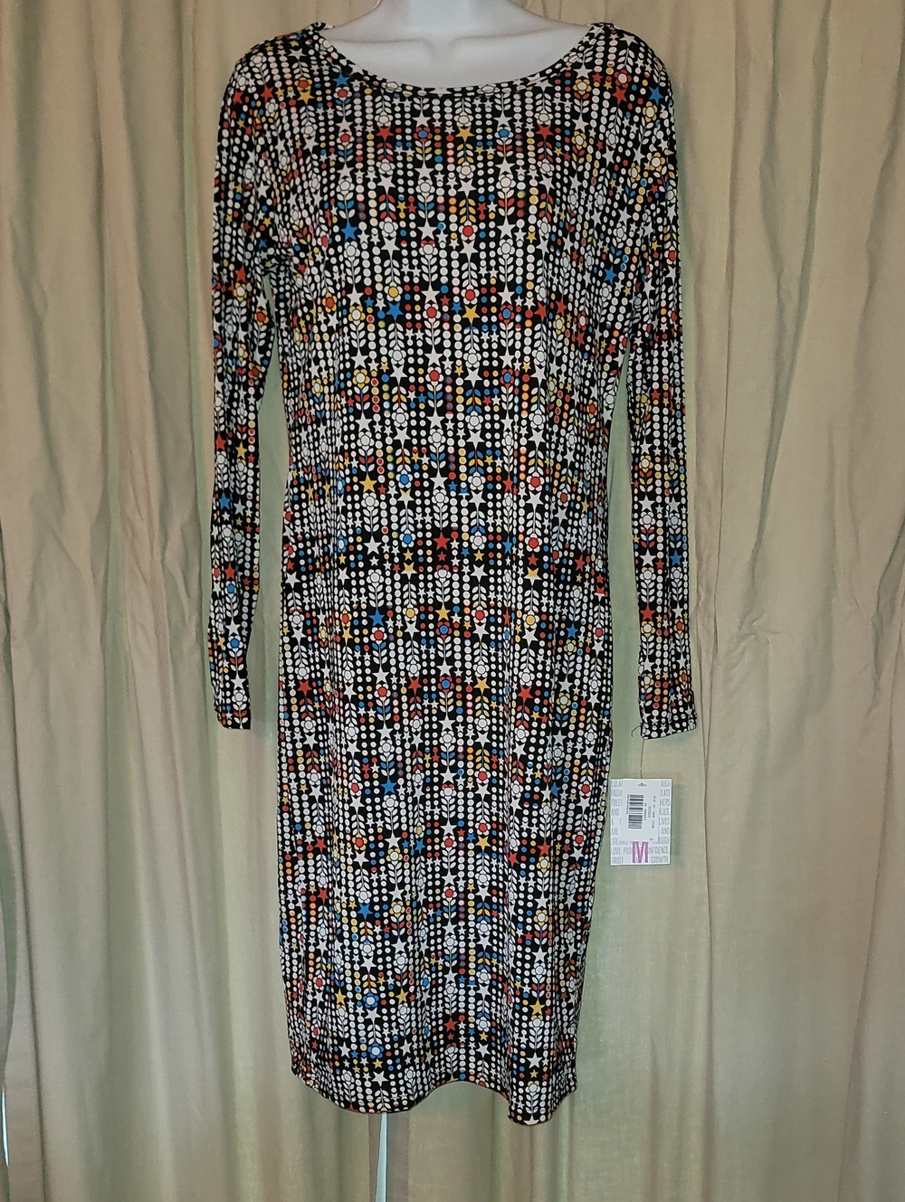 LuLaRoe Black Long Sleeve Dress with Multicolor Americana Dot-Star Print USA
